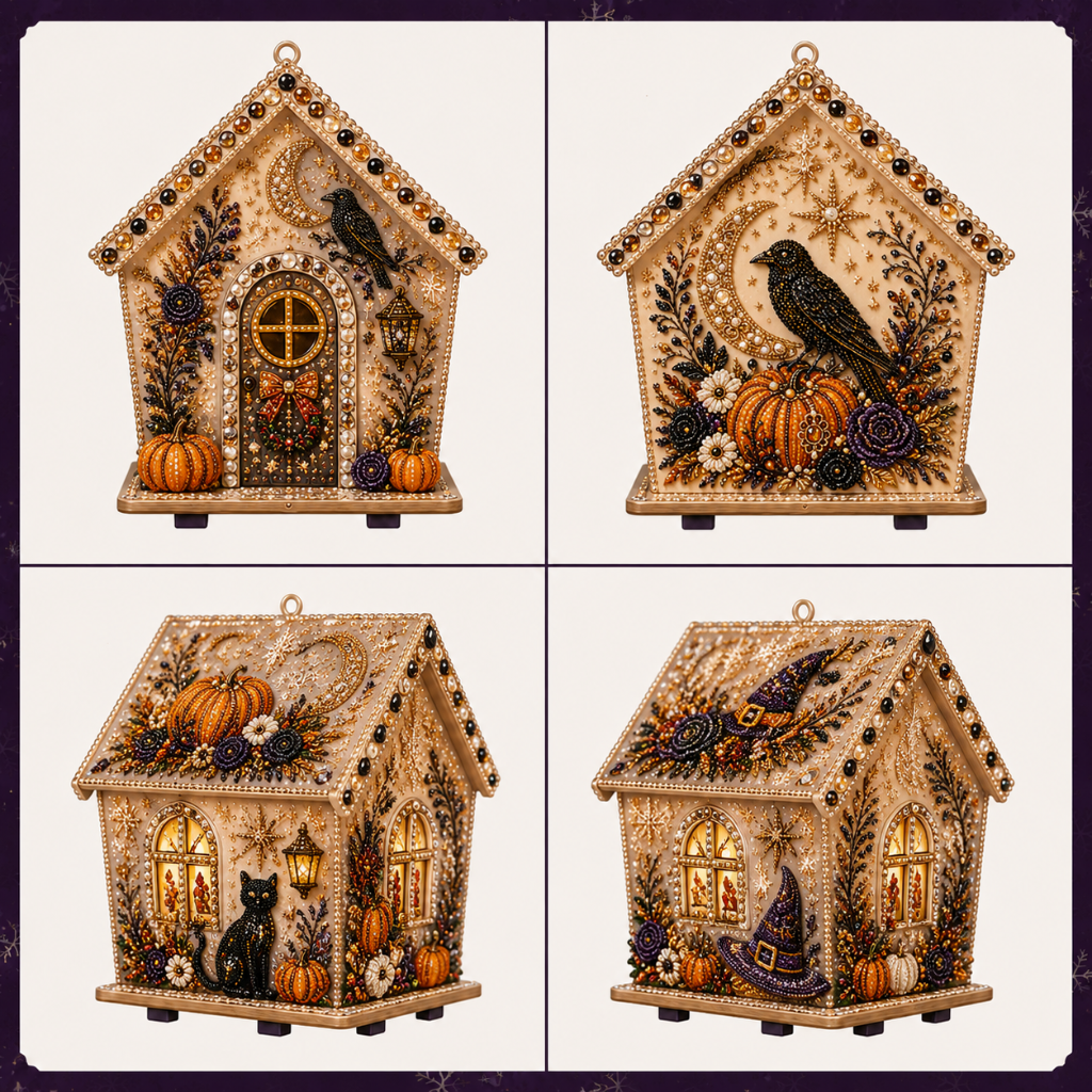 Halloween Raven Pumpkin Rhinestone Wooden House Display
