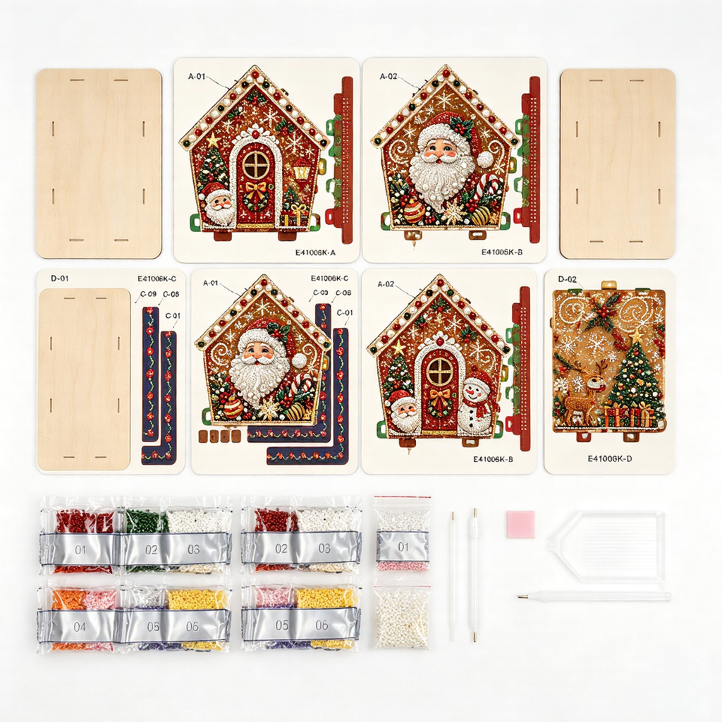 Christmas 3D Wooden House Diamond Art Kit Contents