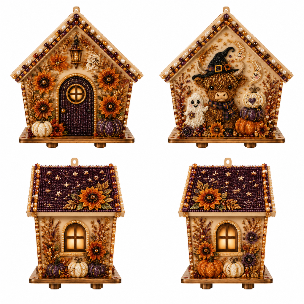 Halloween Highland Cow Ghost Pumpkin Wooden House Display