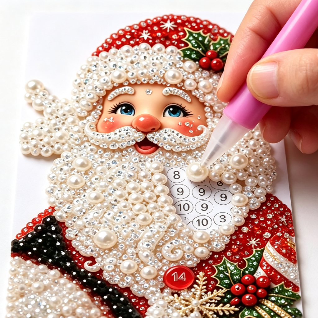 Placing Pearl Beads on Santa Diamond Art Design