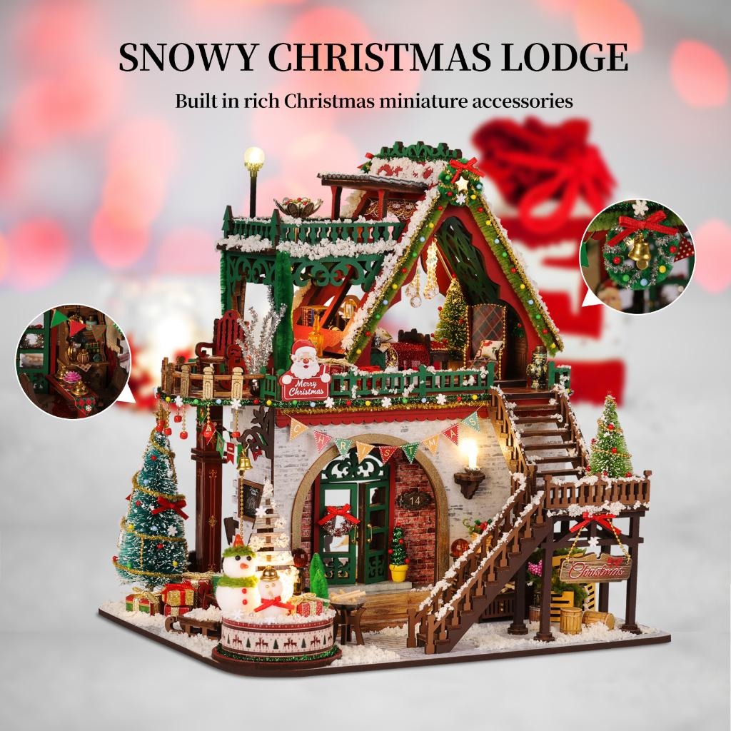 Snowy Christmas Lodge with rich Christmas miniature accessories