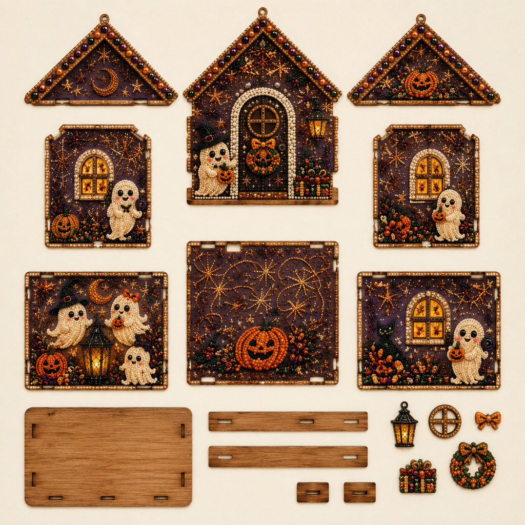 Halloween 3D Wooden House Diamond Art Kit Contents