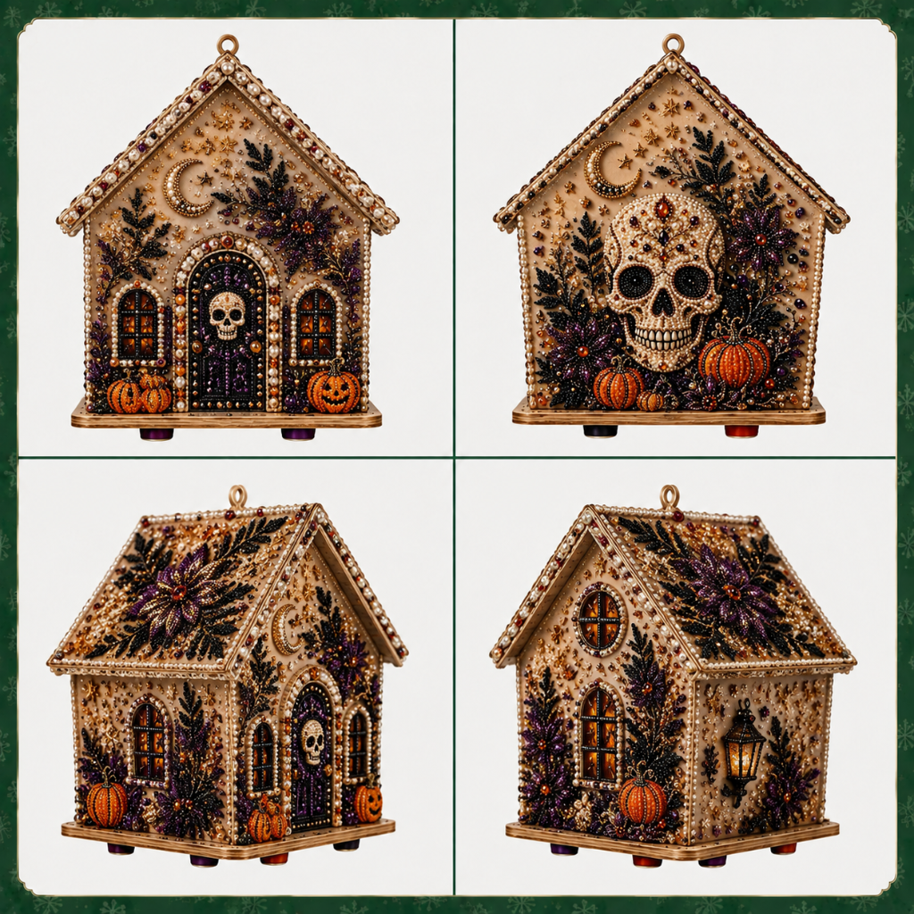 Halloween Skull Rhinestone Wooden House Display