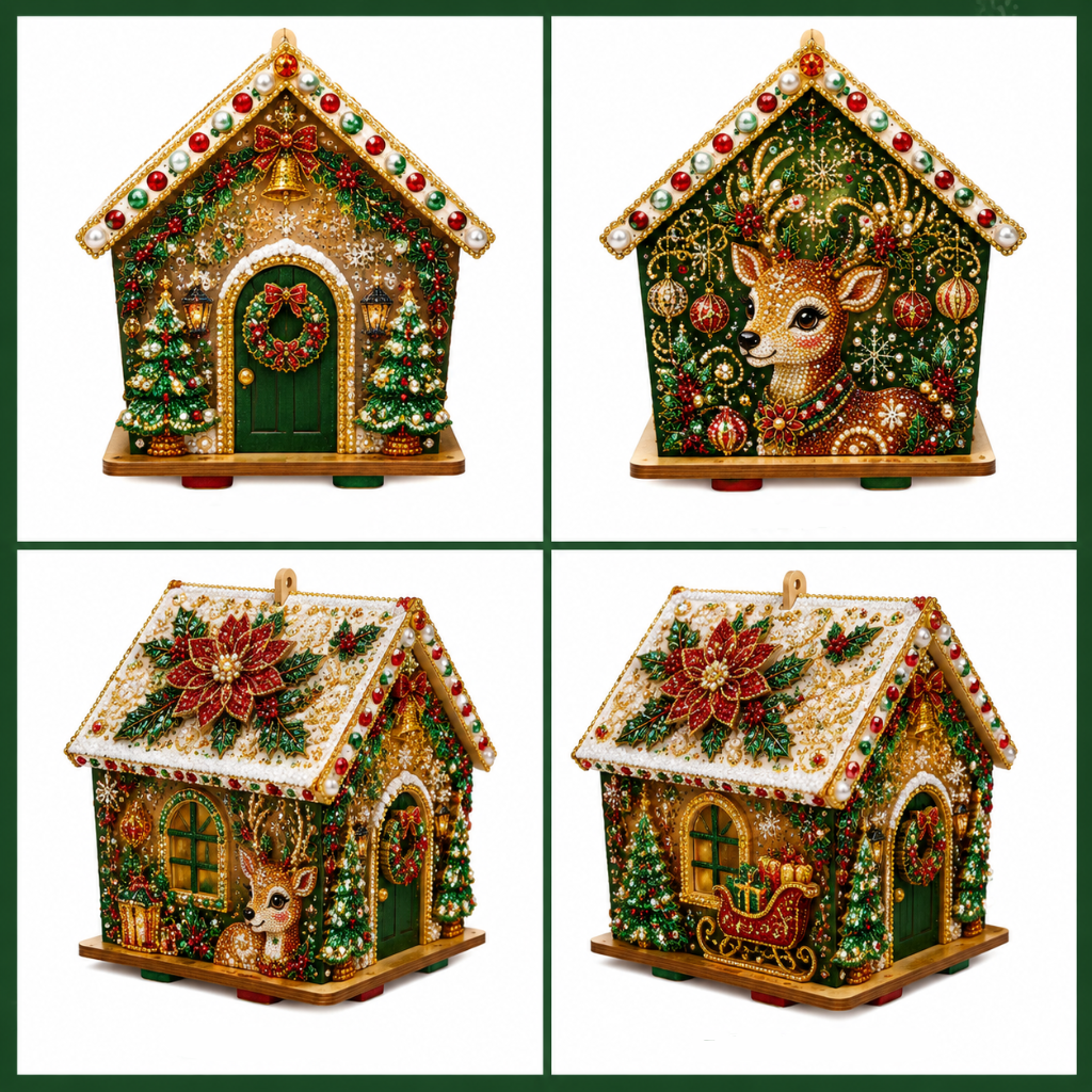 Green Reindeer Christmas Wooden House Display