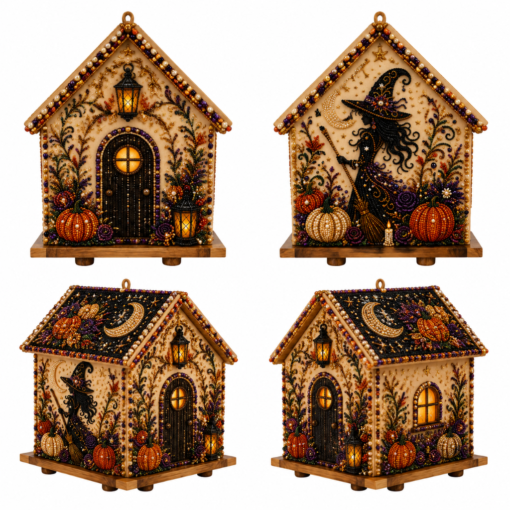 Halloween Witch Pumpkin Rhinestone Wooden House Display
