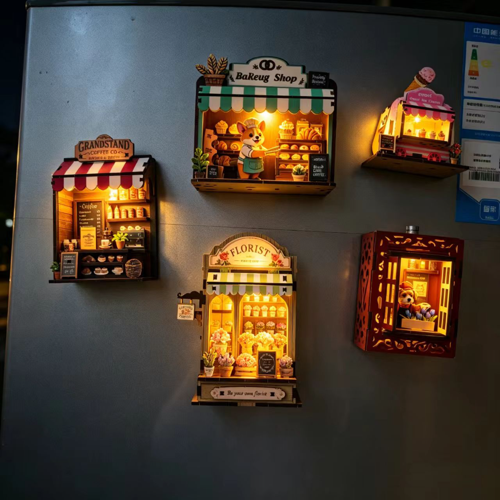 Mini shop wooden fridge magnet collection with lights