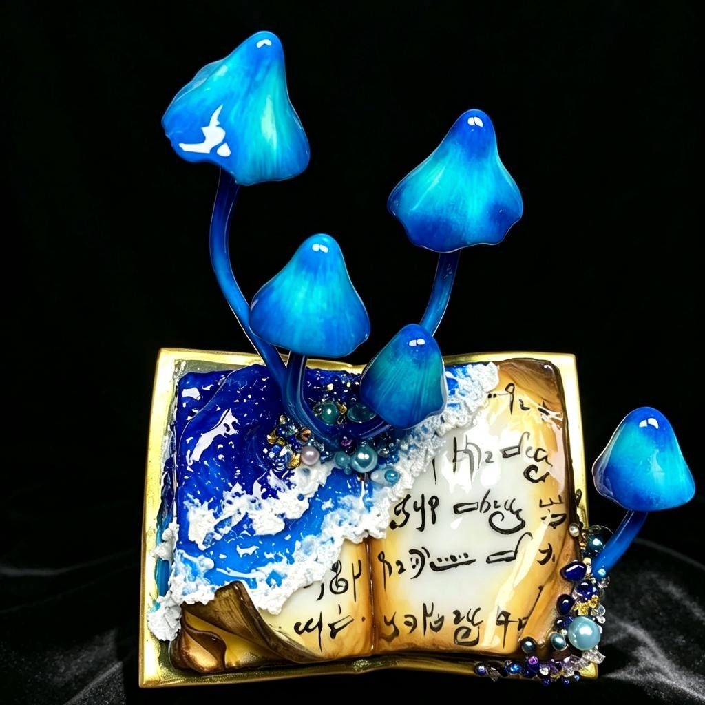 Blue mushroom magic book fridge magnet
