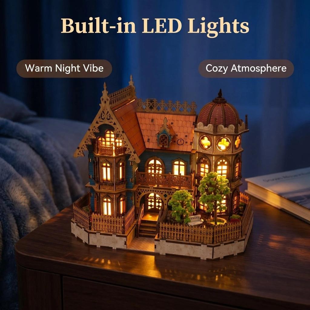Built-in LED lights warm night vibe miniature house